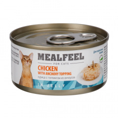 Влажный корм (консервы) для кошек, цыпленок с топпингом из анчоусов в желе, 85 гр.