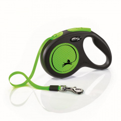 Рулетка для собак New Neon, M, до 25 кг, ремень 5 м, черно-зеленая