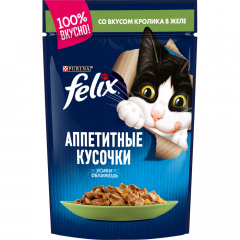 Влажный корм (пауч) для взрослых кошек Аппетитные кусочки, с кроликом в желе, 85 гр.