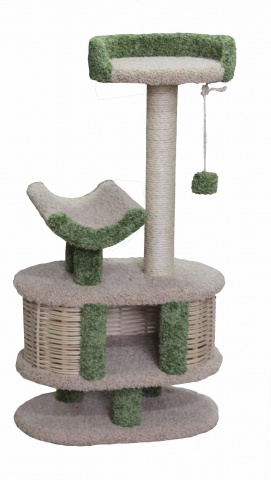 Спально-игровой комплекс для кошек с домиком и когтеточкой Йорик с лежаками и игрушкой, бежевый/зеленый, 65х47х117 см