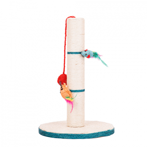 Когтеточка-столбик для кошек круглая с игрушками-мышками и шариком, белый/голубой, 30х30х46 см