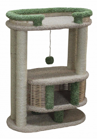 Спально-игровой комплекс для кошек с домиком и когтеточкой Фидика двухуровневый с лежаками и игрушкой, бежевый/зеленый, 80х40х110 см