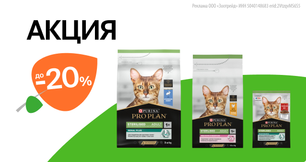 PRO PLAN: до -20% на сухой и влажный корм для кошек