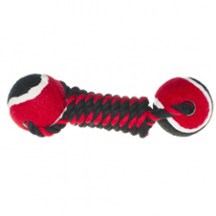 Игрушка для собак Гантель из теннисных мячей на веревке красный с черным 22 см