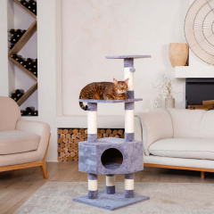 Дом-когтеточка (49х49х128 см) из плюша и сизаля с подвесной игрушкой-шариком для кошек