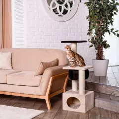Спально-игровой комплекс для кошек с когтеточкой Aelta трехуровневый с площадкой, бежевый, 35x35x103 см