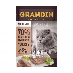 Sterilized Grain free Monoprotein Влажный корм (пауч) для взрослых стерилизованных кошек, патэ из нежного мяса индейки в желе, 85 гр.