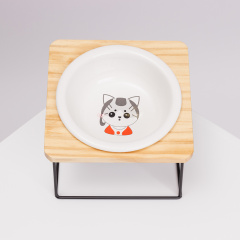 Миска керамическая на деревянной подставке для кошек и собак, 14,3x5,6 см, белая