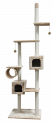 Дом-когтеточка для кошек многоярусный с двумя домиками и подвесными игрушками, крепление к потолку, бежевый, 55х113х270 см