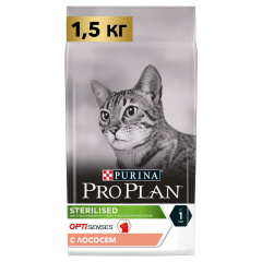 Сухой корм для взрослых стерилизованных кошек и кастрированных котов, для поддержания органов чувств, с высоким содержанием лосося, 1,5 кг