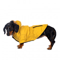 Куртка для собак приталенная с меховым капюшоном желтая L