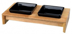Миски керамические в деревянной подставке, 2x0,4 л, 36x19x7 см, черные