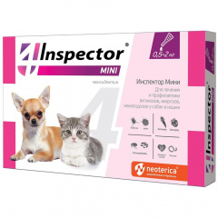 Инспектор мини Капли на холку для кошек и собак весом от 0,5 до 2 кг от блох, клещей и гельминтов, 1 пипетка