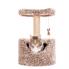 Дом-когтеточка для кошек круглый с полкой и подвесной игрушкой, бежевый/белый, 45х45х72 см