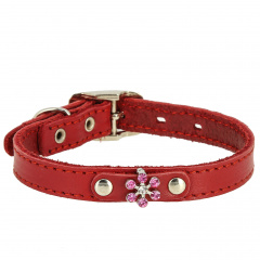 Ошейник для собак мелких пород кожаный Флер с украшением Цветок со стразами красный 24-30x1,5 см