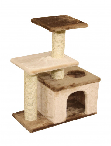 Дом-когтеточка для кошек с двумя площадками и домиком-лабиринтом, бежевый/коричневый, 30х60х75 см