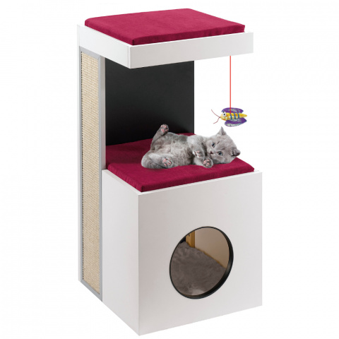 Спально-игровой комплекс Diablo (40х40х80 см) двухъярусный с когтеточкой и игрушкой для кошек, красно-белый