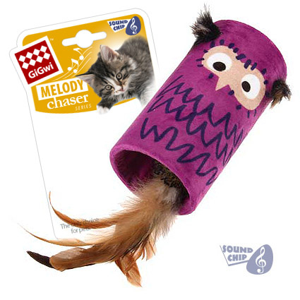 Игрушка для кошек Сова, цилиндр- Дразнилка с хвостиком на резинке со звуковым чипом 22 см