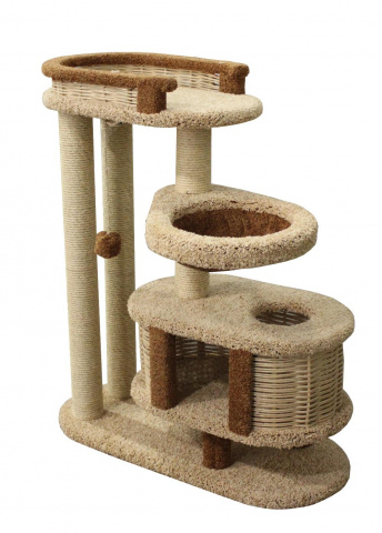 Спально-игровой комплекс для кошек с домиком и когтеточкой Брунетка многоярусный с лежаками и игрушкой, бежевый/коричневый, 100х40х110 см