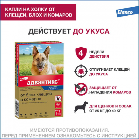 Адвантикс капли на холку для собак весом более 25 кг от блох, клещей и комаров, 1 пипетка, 4 мл 1