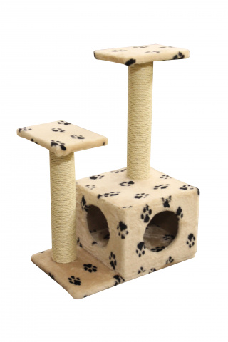 Дом-когтеточка для кошек с квадратным домиком и двумя площадками, бежевый, декор: лапки, 36х58х82 см