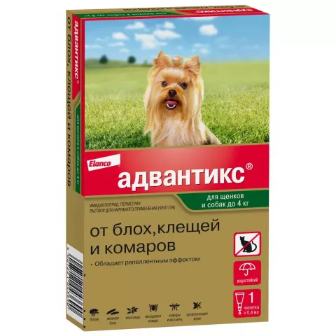 Адвантикс капли на холку для собак весом до 4 кг от блох, клещей и комаров,  1 пипетка, цены, купить в интернет-магазине Четыре Лапы с быстрой доставкой