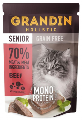 Monoprotein Grain free Влажный корм (пауч) для кошек старше 7 лет, патэ из нежного мяса говядины в желе, 85 гр.