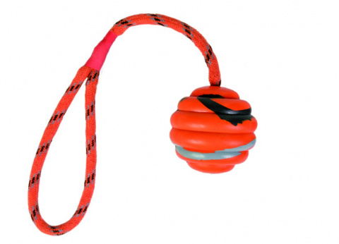 Игрушка для собак Мяч на веревке, резина, оранжевый/черный, диаметр 6см/30 см