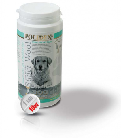 Полидекс Супер Вул+ Кормовая добавка для регуляции обменных процессов у собак, 300 таблеток