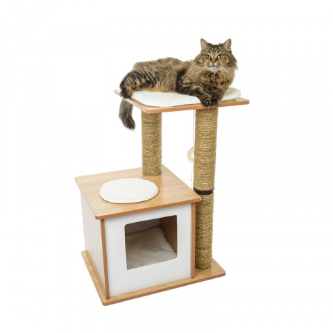 Спально-игровой комплекс для кошек с домиком и когтеточкой Lykke двухъярусный с игрушкой, коричневый/белый, 48х37х68 см 1
