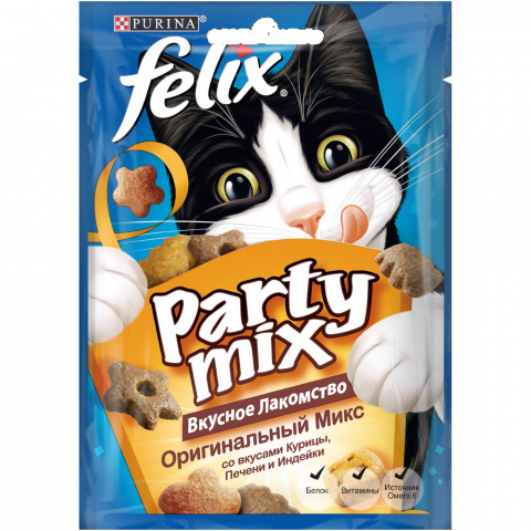 Party Mix Оригинальный микс лакомство для кошек, со вкусом курицы, печени и индейки, 20 г