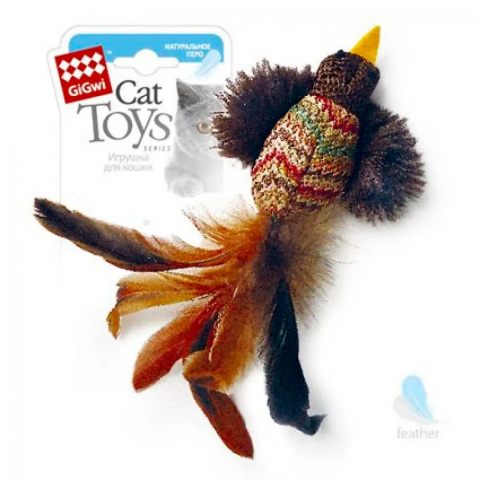 Игрушка для кошек Птичка с перьями, ткань, куриное перо 6 см