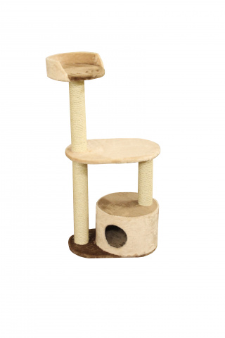 Дом-когтеточка для кошек с круглым домиком и двумя площадками, бежевый/коричневый, 40х60х130 см