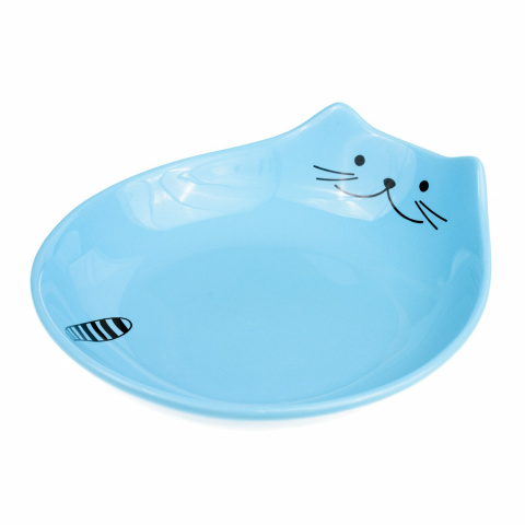 Миска для кошек блюдце овал с ушками/хвостом 15,5 см голубая керамика