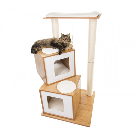 Спально-игровой комплекс для кошек с домиком и когтеточкой Missi трёхъярусный с игрушкой, коричневый/белый, 56х56х102 см 3