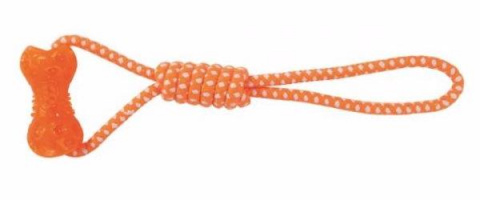 Игрушка для собак Гантель на веревке, оранжевый/белый, 10 см /42 см