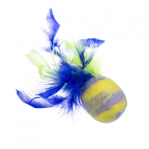 Игрушка для кошек Мяч шерстяной Фьюжн с пером (желто-фиолетовый) 8 см