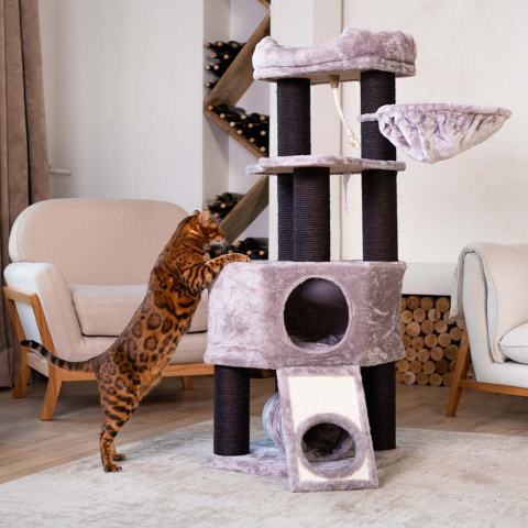 Дом-когтеточка (царапка) для кошек с игровым комплексом 143 см, серая