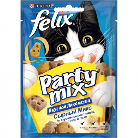 Party Mix Сырный микс лакомство для кошек, со вкусом чедера, гауды и эдама, 20 г