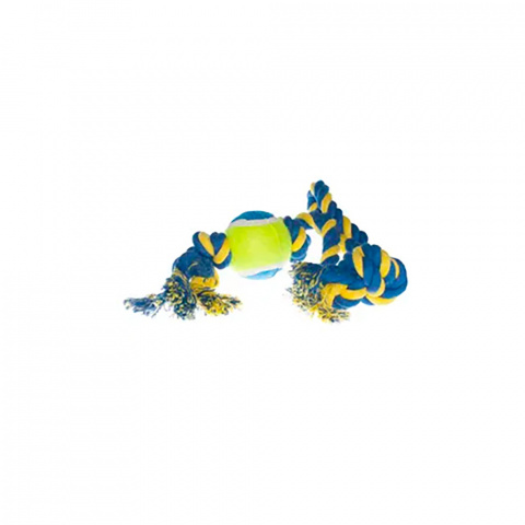 Игрушка для собак Мяч на веревке синий с желтым 53 см