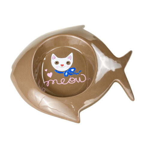 Миска блюдце для кошек рыбка 21,5см коричневая керамика