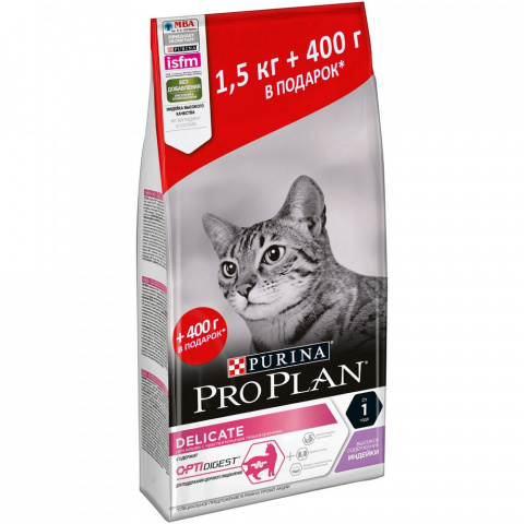 Delicate Сухой корм для кошек от 1 года с чувствительным пищеварением синдейкой, 1,5 кг + 400 г 2