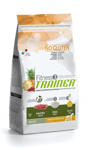 Fitness3 No Gluten Medium/Maxi Adult корм для собак средних и крупных пород, с уткой и рисом, 12,5 кг