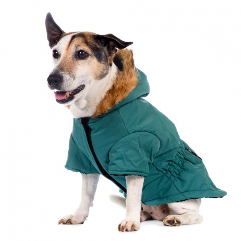 Куртка приталенная с меховым капюшоном для собак XL зеленый (унисекс) 4