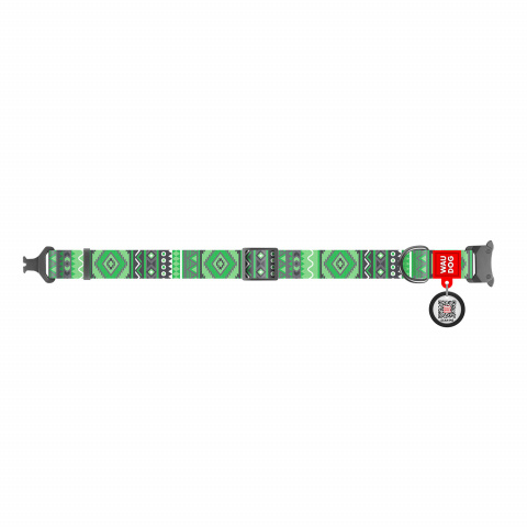 Ошейник WAUDOG Nylon с рисунком Этно зеленый (ширина 25мм, длина 31-49см) металлическая пряжка-фасткес