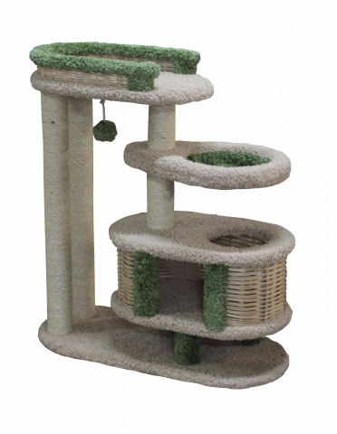 Спально-игровой комплекс для кошек с домиком и когтеточкой Брунетка многоярусный с лежаками и игрушкой, бежевый/зеленый, 100х40х110 см
