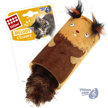 Игрушка для кошек Белка, цилиндр - Дразнилка с хвостиком на резинке со звуковым чипом 22 см