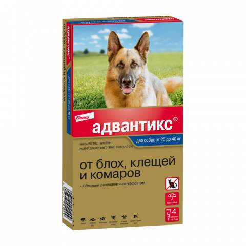 Адвантикс 400С Капли на холку для собак весом более 25 кг от блох, клещей и комаров, 4 пипетки