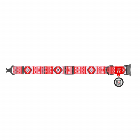 Ошейник WAUDOG Nylon с рисунком Этно красный (ширина 25мм, длина 31-49см) металлическая пряжка-фасткес