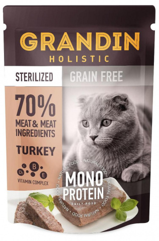 Monoprotein Grain free Влажный корм (пауч) для стерилизованных кошек, патэ из нежного мяса индейки в желе, 85 гр.